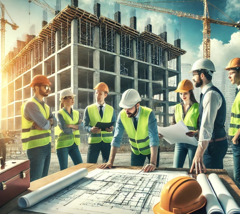 DALL·E 2024-12-03 02.14.33 - A vibrant and professional scene featuring a diverse construction team collaborating on blueprints and discussing plans at a construction site. The se