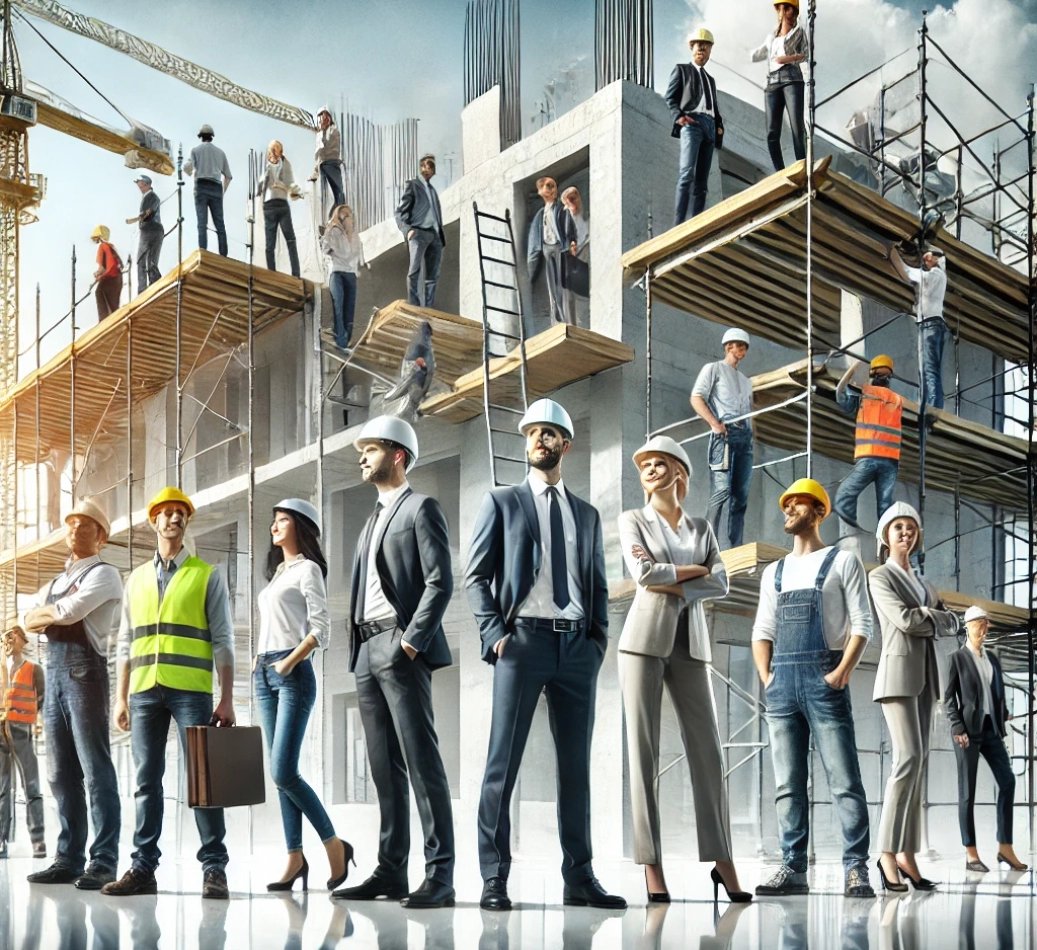 DALL·E 2024-12-03 02.19.30 - A modern construction team on-site, featuring architects, engineers, and construction workers collaborating on a project. The scene includes a half-co